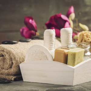 Spa composition with Christmas decoration. Holiday SPA treatment