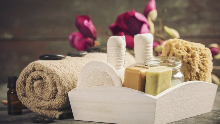 Spa composition with Christmas decoration. Holiday SPA treatment