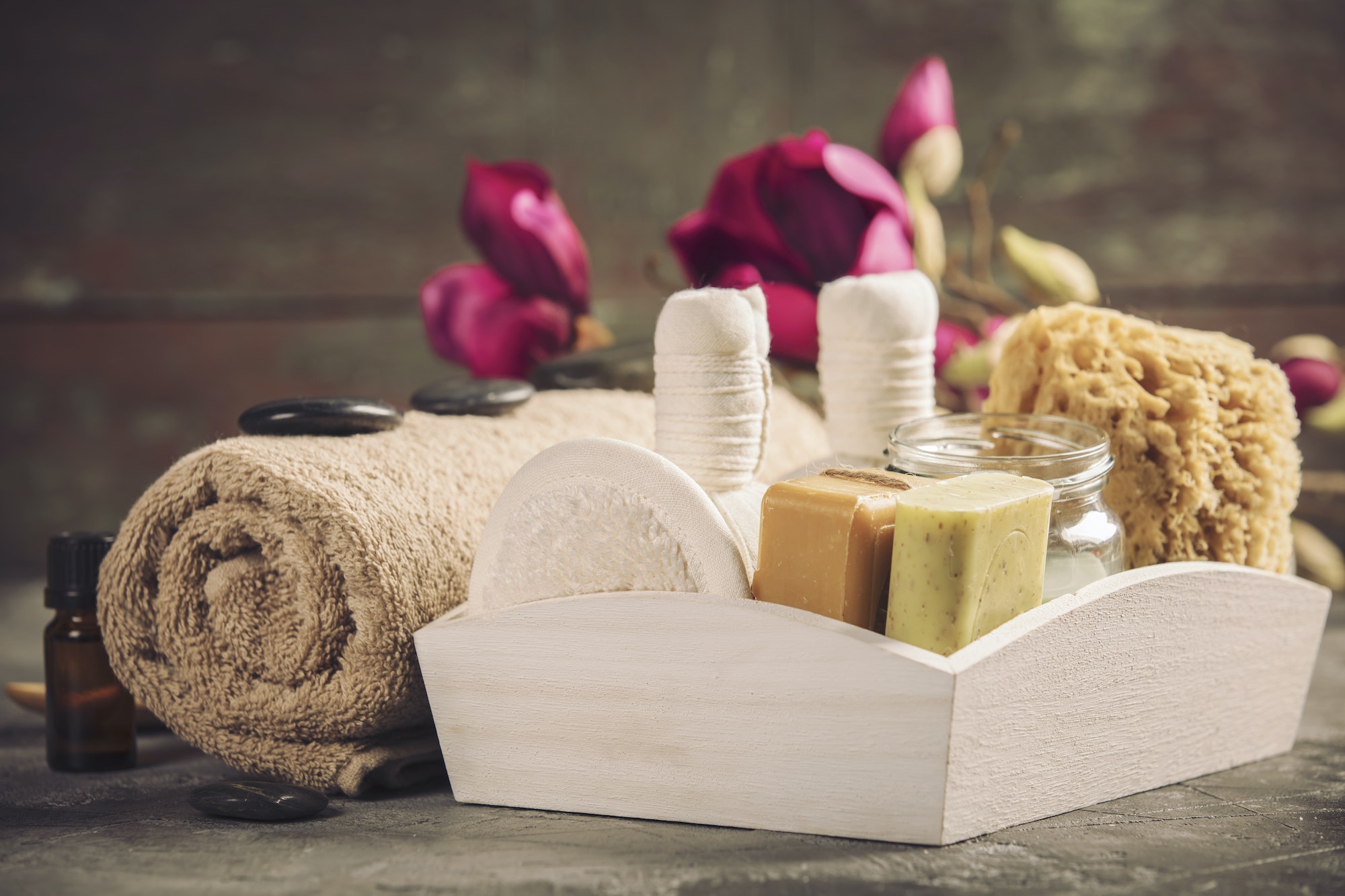 Spa composition with Christmas decoration. Holiday SPA treatment